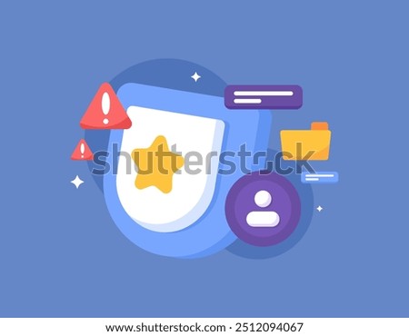 premium protection concept. security technology and data and file protection. antivirus. illustration of shield symbol, folder, account and warning sign. flat style design. elements