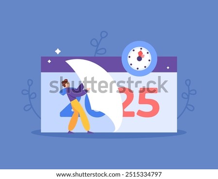 concept of changing year 2024 to year 2025. illustration of businessman tearing calendar to change year. happy new year 2025. events and festivals. flat style design. elements