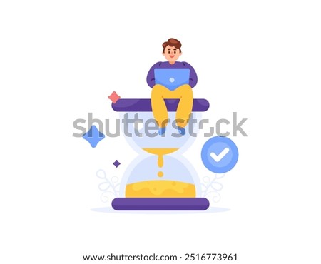 time management and deadline concept. managing and organizing time for work. time efficiency. illustration of worker or employee sitting working using laptop on top of an hourglass. flat style design