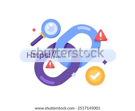 concept of protection from malicious links. dangerous and suspicious url addresses. unsafe website addresses. illustration of a chain with shield symbols and warning signs. flat style design. elements