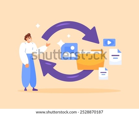 recovery concept. recover files, images or photos, video folders or documents. restore data. recovery application or software. illustration of a man with a recycle or rotate symbol. flat style design