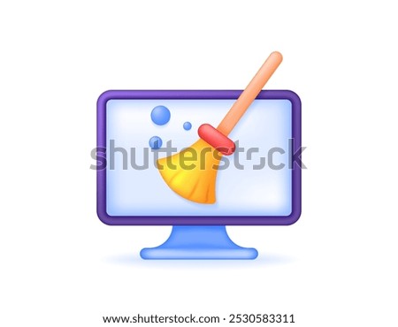 cleaner concept. software or application. computer trash cleaner. cleaning junk files and useless data. illustration of a monitor with a broom. symbol or icon. minimalist 3d style design. element