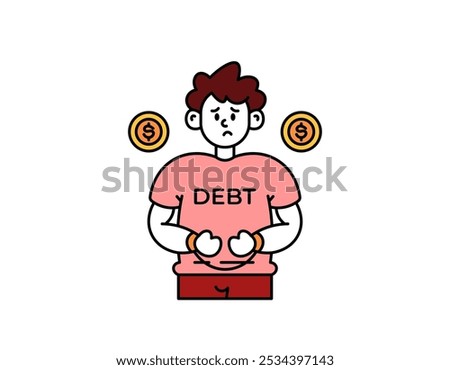 illustration of a man whose hands are tied or handcuffed. trapped in debt. confused to pay off debt. financial problems. facial expression. outline style character design. elements