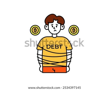 illustration of a man whose body is entangled by rope. trapped in debt. sad and confused to pay off debt. financial problems. facial expression. outline style character design. elements