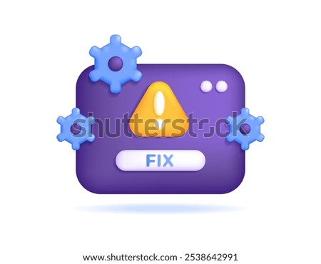 troubleshooting and fixing concept. fixing problems in software or system. fix bug. illustration of error warning window with gear. icon or symbol. minimalist 3d style design. element