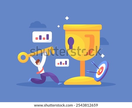 key to success concept. key to achieve success, become a champion, and victory. illustration of a businessman or employee carrying a golden key to unlock and get a trophy. flat style design. element