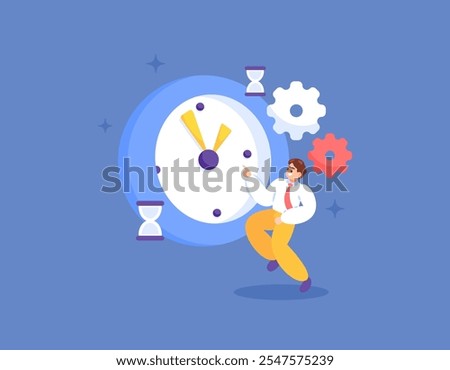 time management concept, managing time to be productive and work. organize and optimize. deadline. illustration of a worker or employee with a clock. flat style design. elements