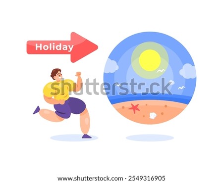 concept of vacation time. leave or go on holiday. ready for vacation. illustration of a worker or employee running towards the beach for healing. flat style design. elements