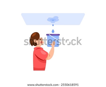 illustration of a man using a bucket to collect rainwater because the ceiling is leaking. the roof of the house is leaking and rainwater is entering the house. disasters and problems. flat style