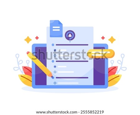 questionnaire concept. question and answer. Illustration of a tablet device with a survey form with a pencil. Filling or answering a survey or questionnaire. Symbols and icons. Flat style design