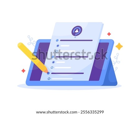 questionnaire concept. question and answer. Illustration of a tablet device with a survey form with a pencil. Filling or answering a survey or questionnaire. Symbols and icons. Flat style design