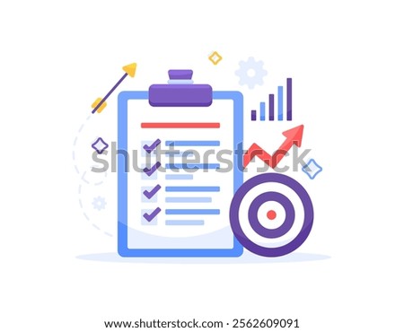 checklist or to do list concept. list of goals and targets. vision and mission. business planning and strategy to grow. illustration of a clipboard with graph, dart board, darts. flat style design