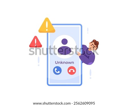 unknown call concept. warning to be careful with calls from unknown numbers. danger and be careful with fraud via telephone. scam and spam. illustration of a man getting an unknown call. flat style