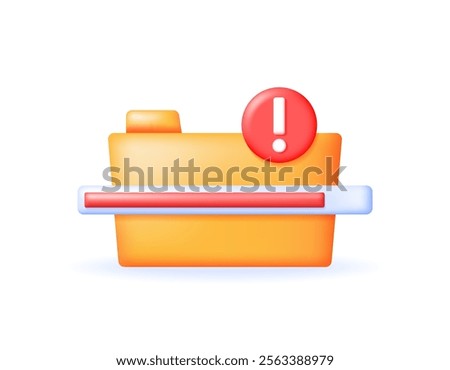 full storage concept. warning if file storage space is almost full. file and archive management. illustration of a folder with an exclamation mark. icon or symbol. minimalist 3d style design. element