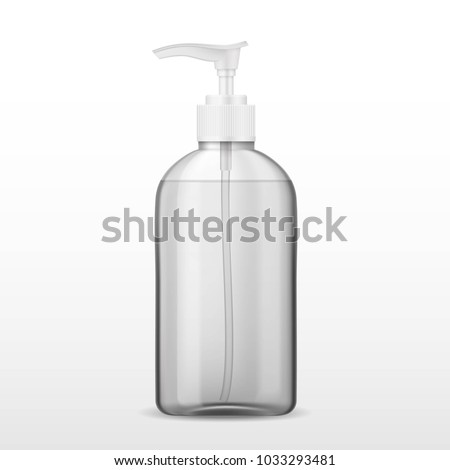 Ads template, blank skin care mockup with realistic plastic bottle with dispenser airless pump. Pharmaceutical container with transparent liquid gel, soap, lotion, cream, shampoo, bath foam.