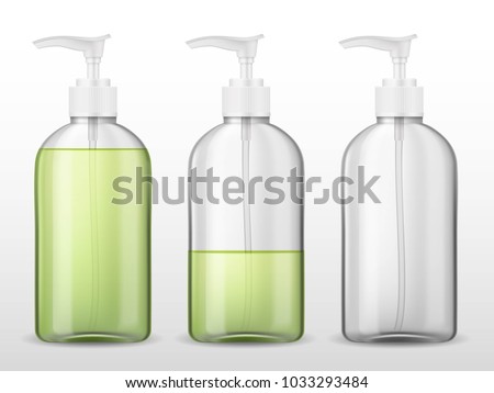 Ads template mockup realistic plastic bottle with dispenser airless pump, full and empty container with green transparent liquid gel, soap, lotion, cream, shampoo, bath foam on a white background