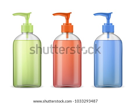 Ads template mockup realistic plastic bottle with batcher pump, three full container with green, red and blue transparent liquid gel, soap, lotion, cream, shampoo, bath foam on a white background