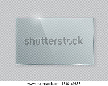 Rectangle vector glass frame. Isolated plate on transparent background. Realistic texture with glares and light