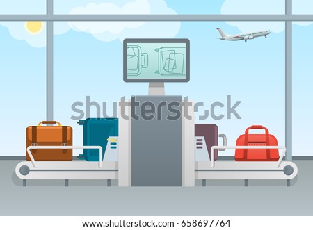 Conveyor belt transport safety airport luggage scanner with control pad and screens. Luggage examination concept. Terminal Baggage Security Check.