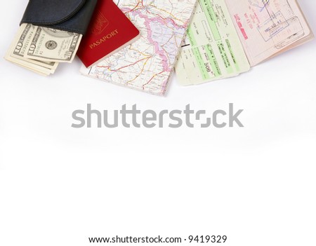 Travel frame on white with passport, map, fly tickets and money