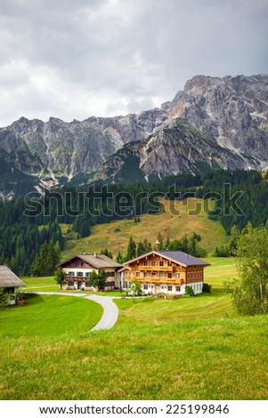 Dienten am Hochkonig, Austria - August 8, 2013: Beautiful typical mountain guests houses on austrian alps, Austria