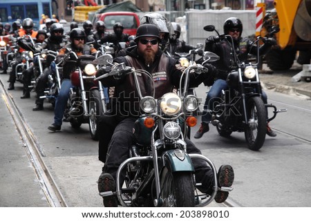 Oslo. Protest of motorcycle clubs (MC). September 14, 2013. Norway. MC brotherhood clubs Bandidos, Gladiators, Hells Angels, Road Pirates and others held a protest  against the bias of the police.