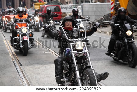 Oslo. Protest of motorcycle clubs (MC). September 14, 2013. Norway. Motorcycle brotherhood clubs Bandidos, Gladiators, Hells Angels, Road Pirates etc. held a protest against the bias of the police.