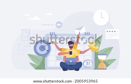 young man working hard with six arms with calendar background. vector illustration Foto d'archivio © 