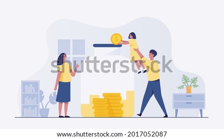 save money concept. Father and mother teach children to save money. Saving money - home, budget, financial management. vector illustration