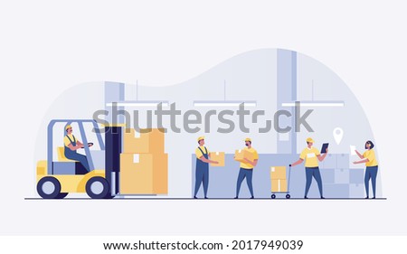 Warehouse Management, logistic process, Warehouse worker or delivery team. Shipping and delivery procedures. parcel boxes, forklift driver. vector illustration