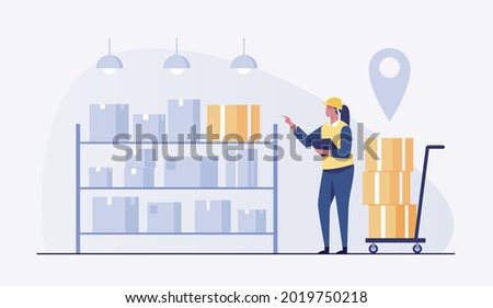 Check inventories before shipping.   Warehouse worker checking inventory levels of goods on shelf. vector illustration 商業照片 © 