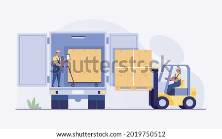 Forklift loading pallet boxes into truck rear view. Electric Uploader loading cardboard boxes in delivery vehicle. vector illustration