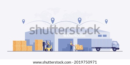 Warehouse industry with storage buildings, forklift, truck and rack with boxes. Vector illustration