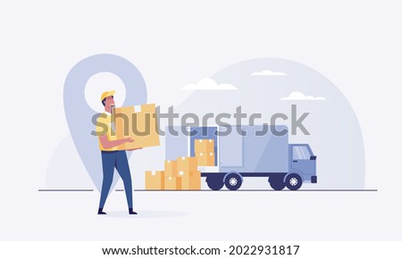 Delivery man shipment package boxes to receiver to home. Door to door delivery. Delivery service concept. Warehouse worker unloading goods from the trucks. Courier with the parcel. vector illustration