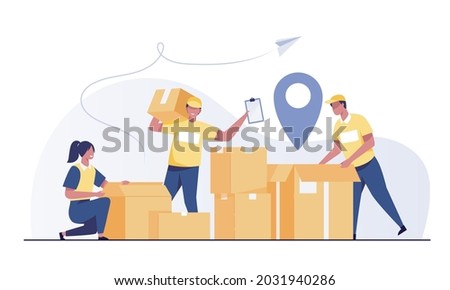 Checking boxes. Warehouse workers preparing products for shipment. The work of the packaging department for the preparation of shipments. vector illustration