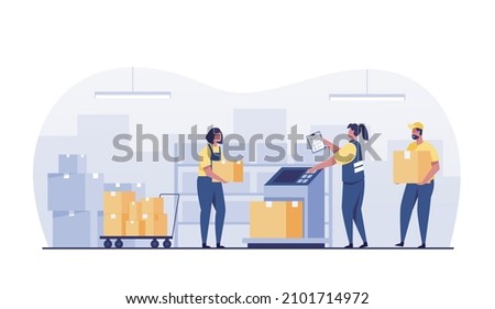 warehouse with boxes and employees managing goods. Weigh the box, worker Check inventories. Inventory stock and warehouse shelves for product storage.