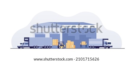 Warehouse building, industrial warehouse,  industrial, factory storage.  forklift, truck and rack with boxes. Warehouse Management, Logistic Management. vector illustration Foto stock © 