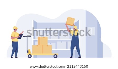 Check inventories before shipping.   Warehouse worker checking boxes. Distribution and Delivery Storage concept. ストックフォト © 
