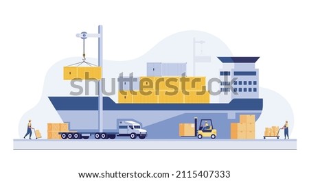 Industrial sea port cargo logistics container import export freight ship crane water delivery transportation concept