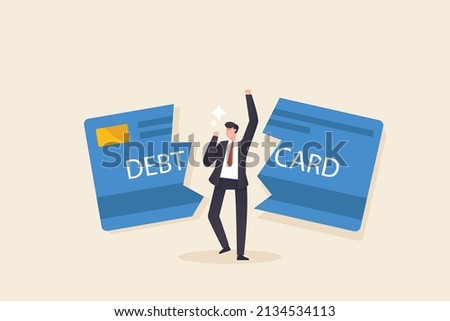 Trap of credit card debt concept. young man happy after paying off credit card debt.