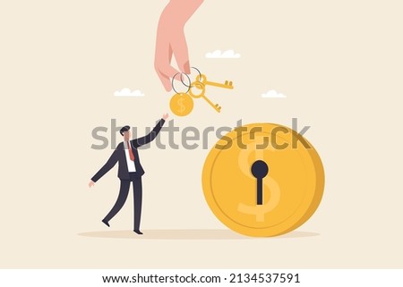 Financial key success, unlock secret reward for investment opportunity, wealth solution to make money and gain profit concept. big hand giving a key to a small businessman