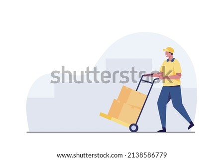 delivery man rolling cardboard box cargo trolley pushcart.