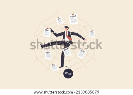 Liabilities, debt collection documents, debt settlement, financial failure or investment risks, bankruptcy.
Businessman trapped in a spider web like owing debt.