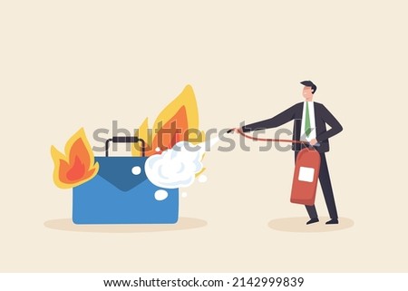 Stress at work, Try to solve mentality problems and fight work burnout. The concept of psychotherapy for work. A businessman uses a fire extinguisher to extinguish a burning briefcase.