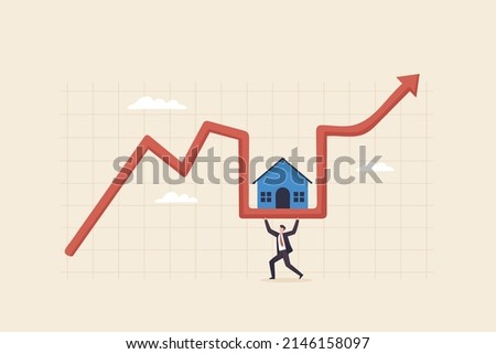 Real estate housing market bubble inflation. Red arrow on chart graph showing increase of price of houses. Businessman  support house price chart.