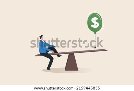 Financial balance adjustment. Adjusting interest rates to solve the problem of inflation. A young man sits on a seesaw to balance inflation.