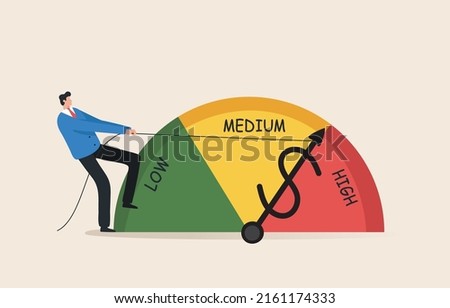 Risk Management Meter. Stock, Finance, economy, inflation, Investment, Financial or business risk management. Businessman pulling rope to reduce risk.