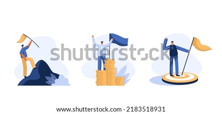Success business vision. Success in work and finance. Businessman holding a flag and a pile of coins. Vector illustration.