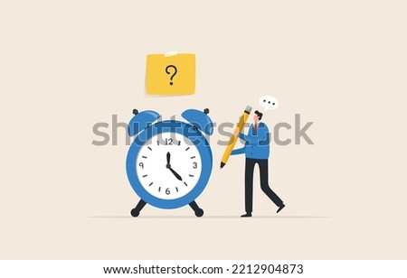 Time to Write, writing theme. question mark. sets the work deadline or the weekly plan. businessman holding a pencil standing thinking and questioning a clock.