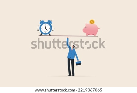 Time Finance. Business and Commercial Funding Solutions. time and money management. businessman balance a seesaw with clock and piggy bank.
